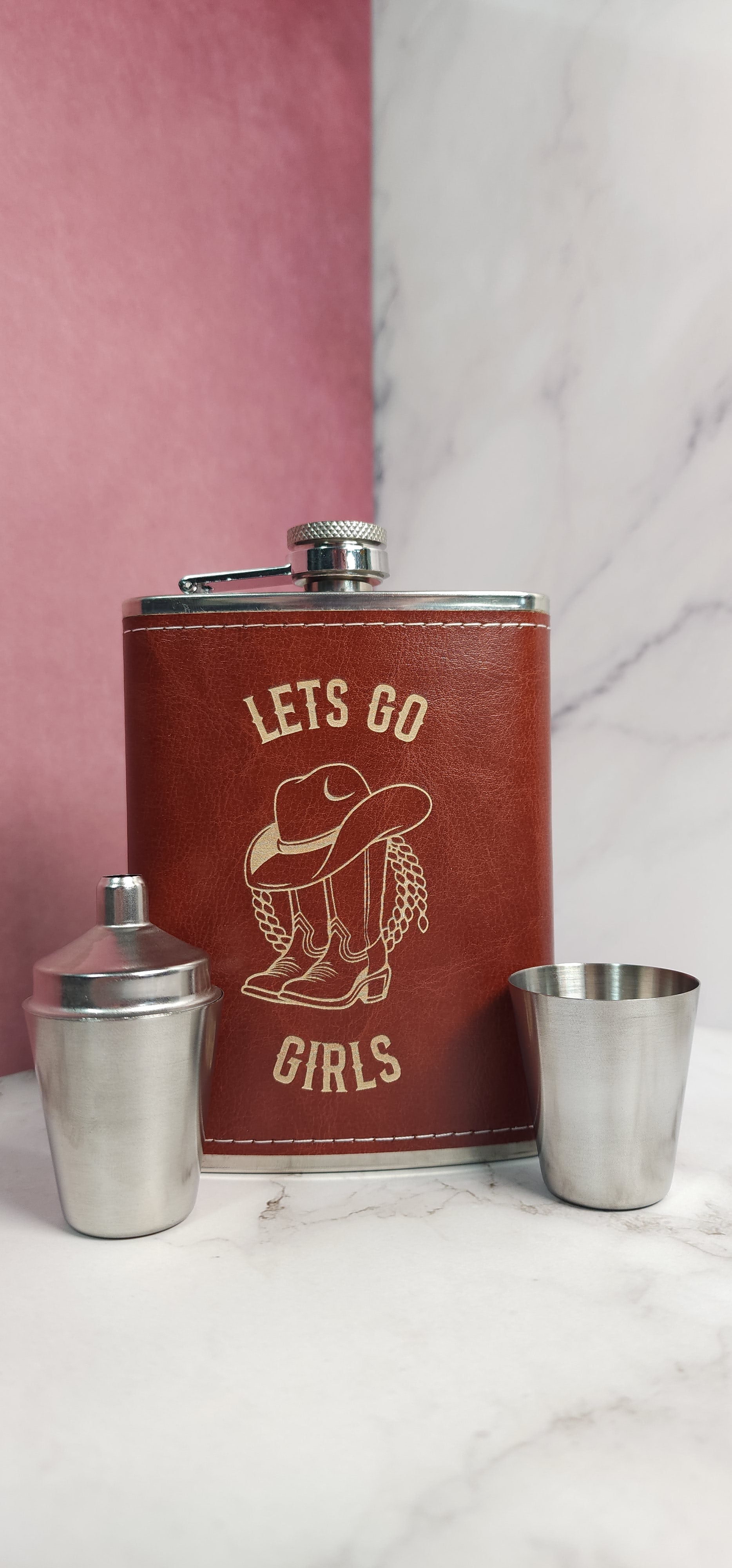 Personalised Engraved Brown Leather Stainless Steel Hip Flask Set