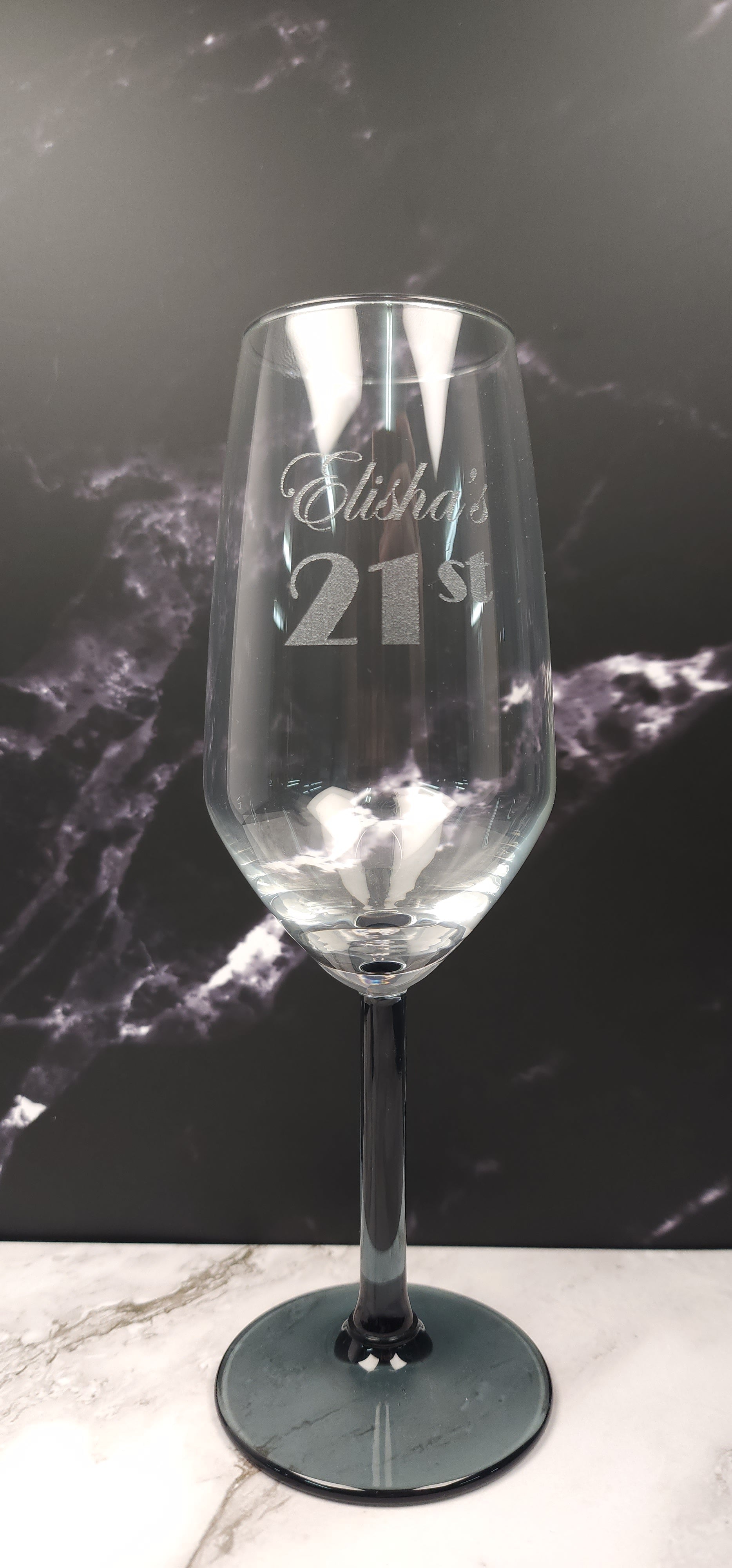 Personalised Engraved Champagne Glass with Blue Stem