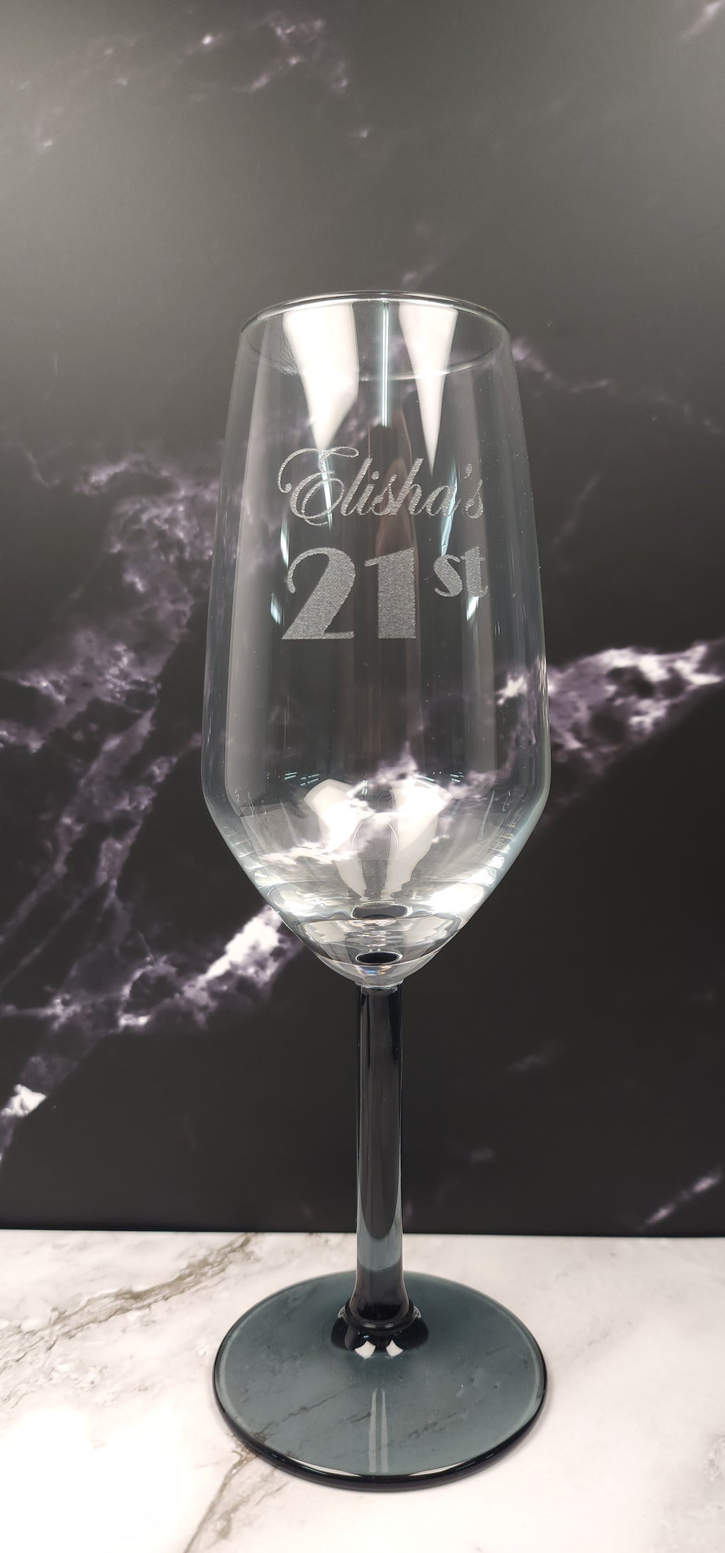 Personalised Engraved Champagne Glass with Blue Stem