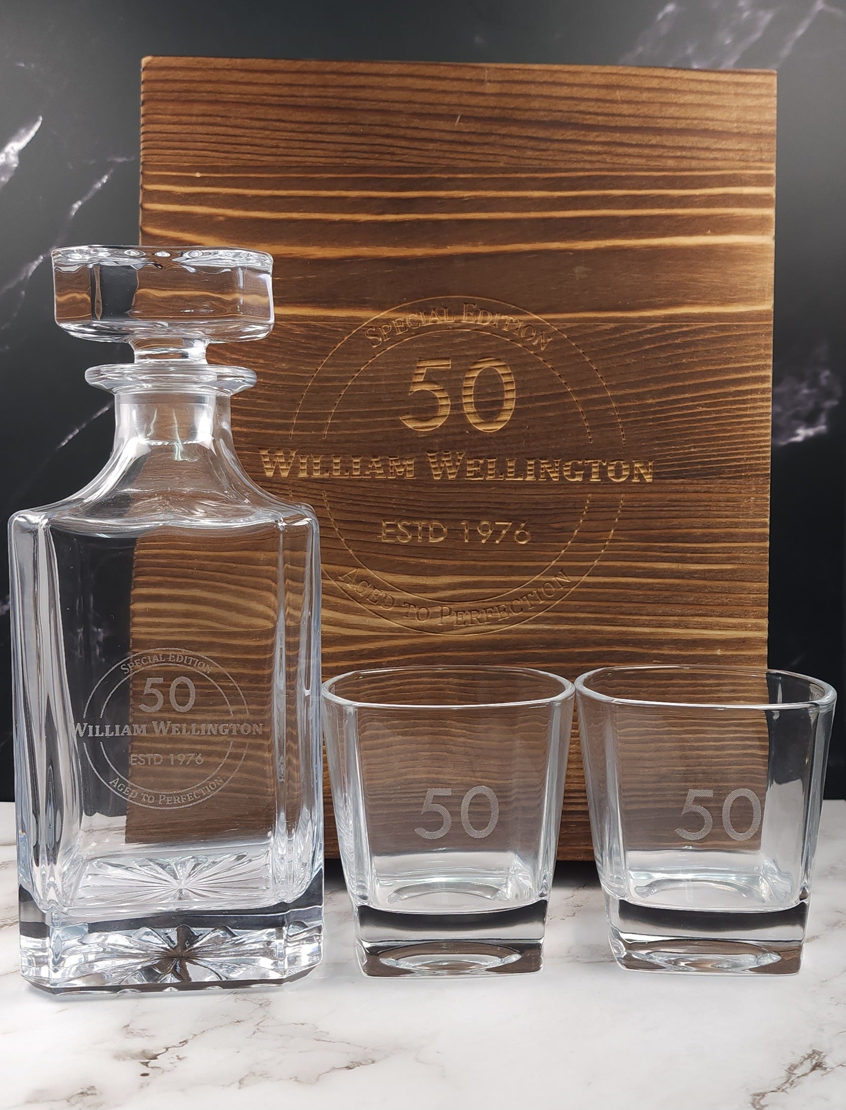 Personalised Engraved Whiskey Decanter Set with Wooden Gift Box