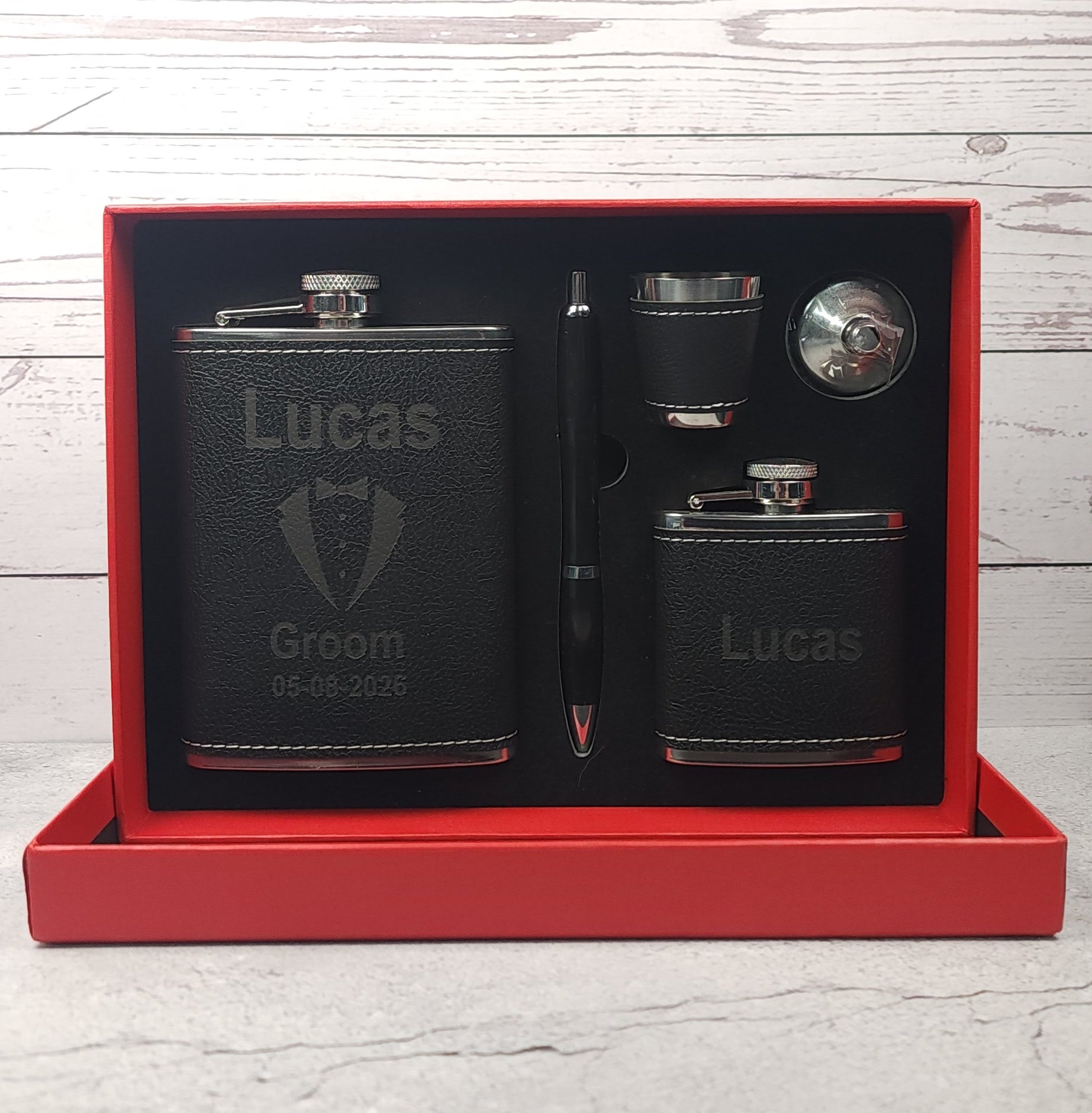 Personalised Black Faux Leather Stainless Steel Hip Flask Set 8oz