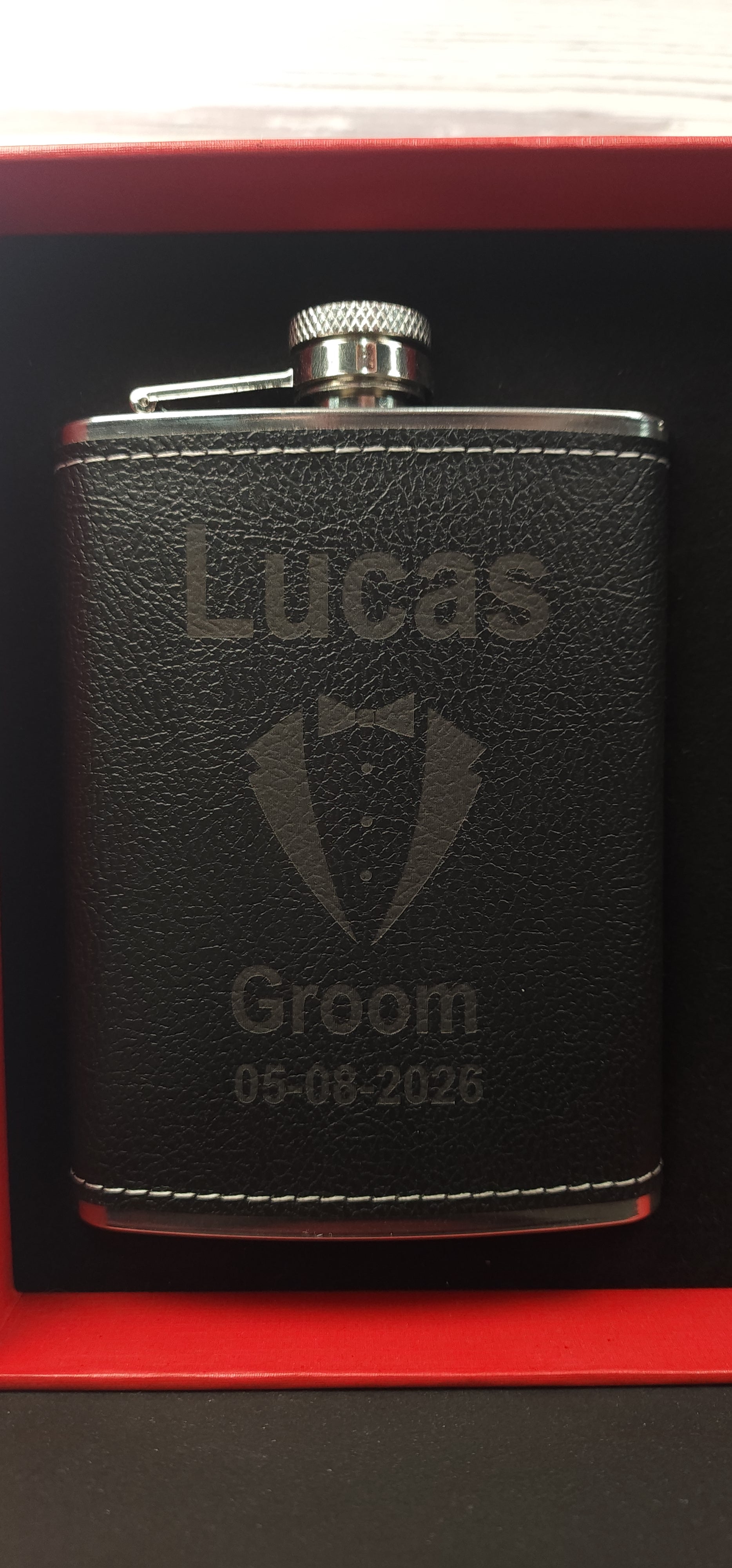 Personalised Black Faux Leather Stainless Steel Hip Flask Set 8oz