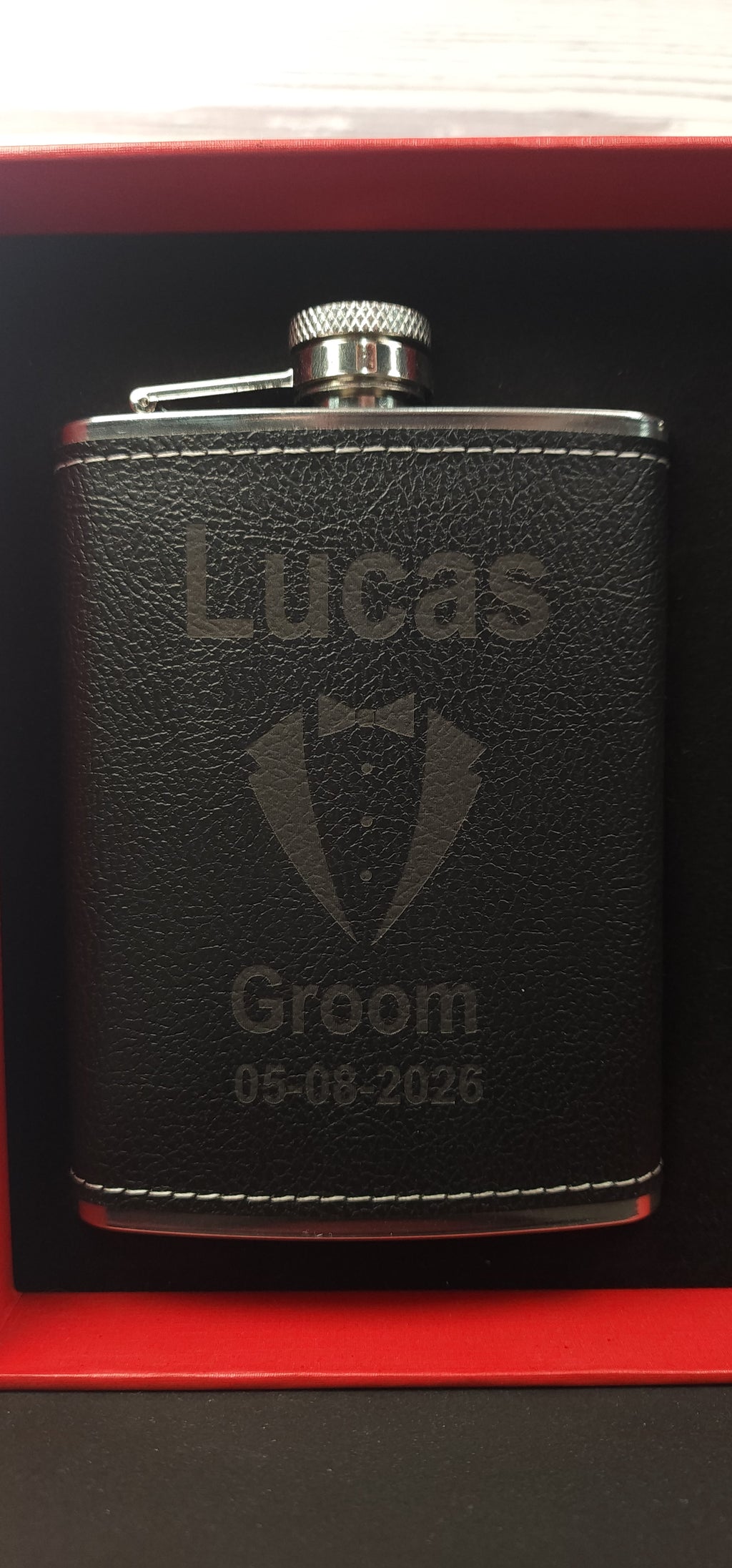 Personalised Black Faux Leather Stainless Steel Hip Flask Set 8oz
