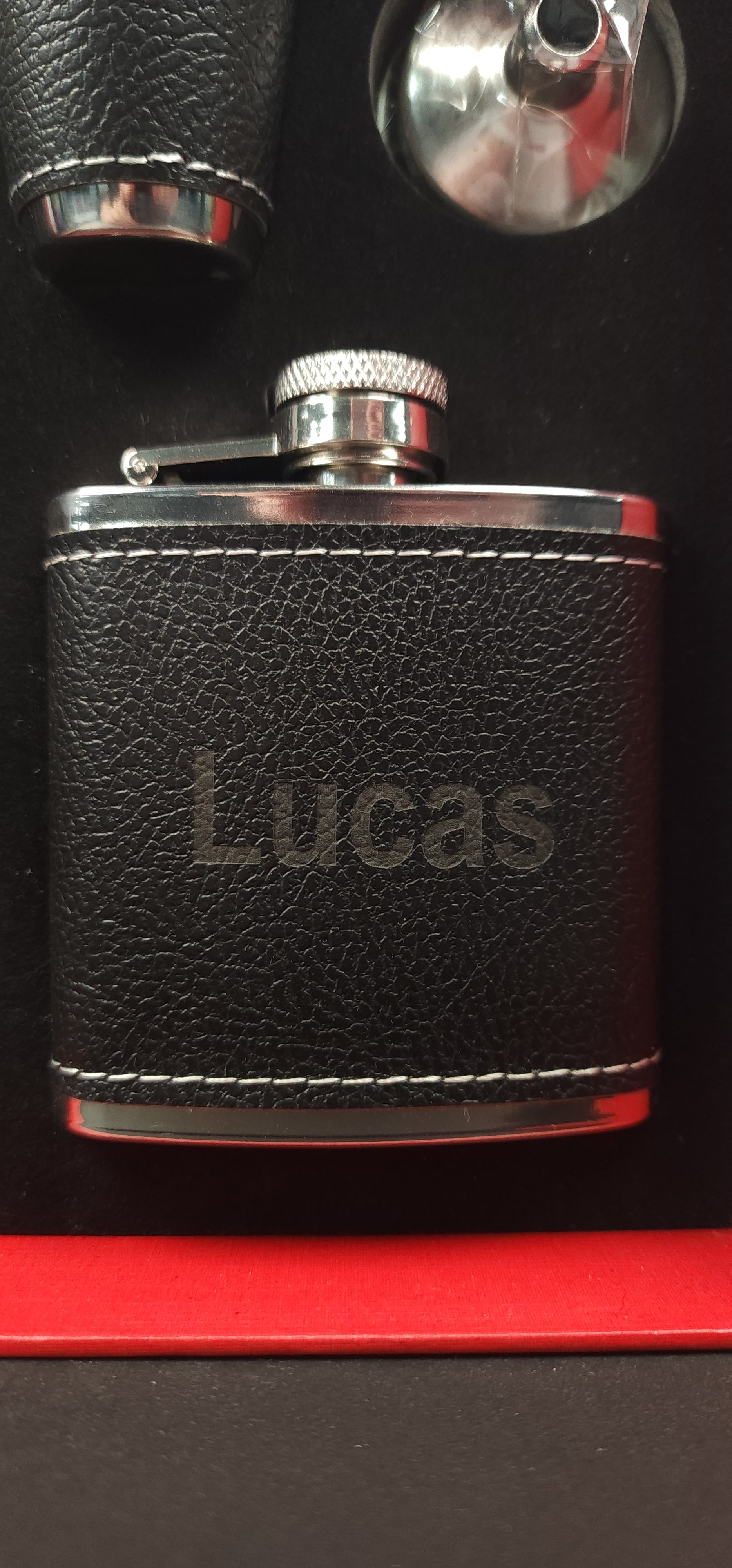 Personalised Black Faux Leather Stainless Steel Hip Flask Set 8oz