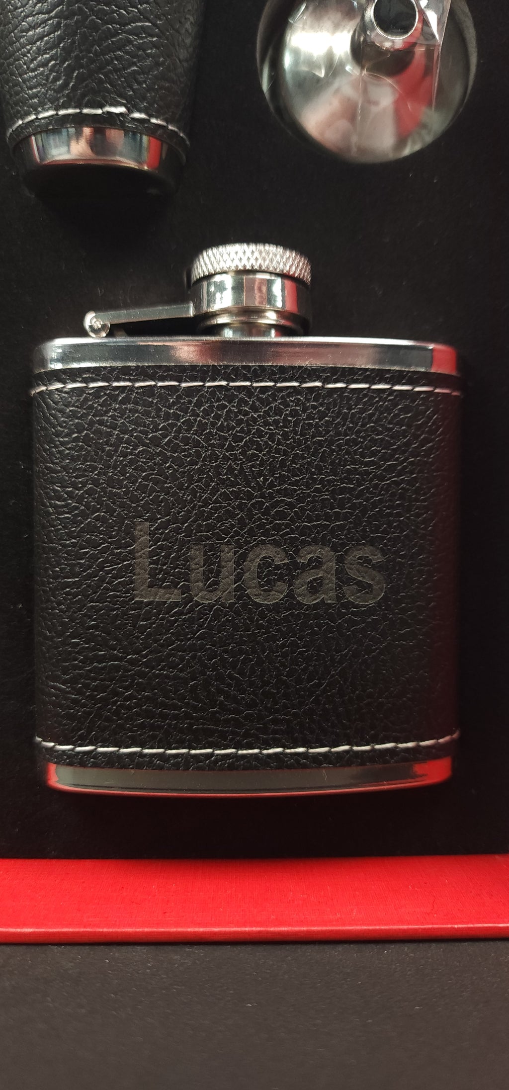 Personalised Black Faux Leather Stainless Steel Hip Flask Set 8oz