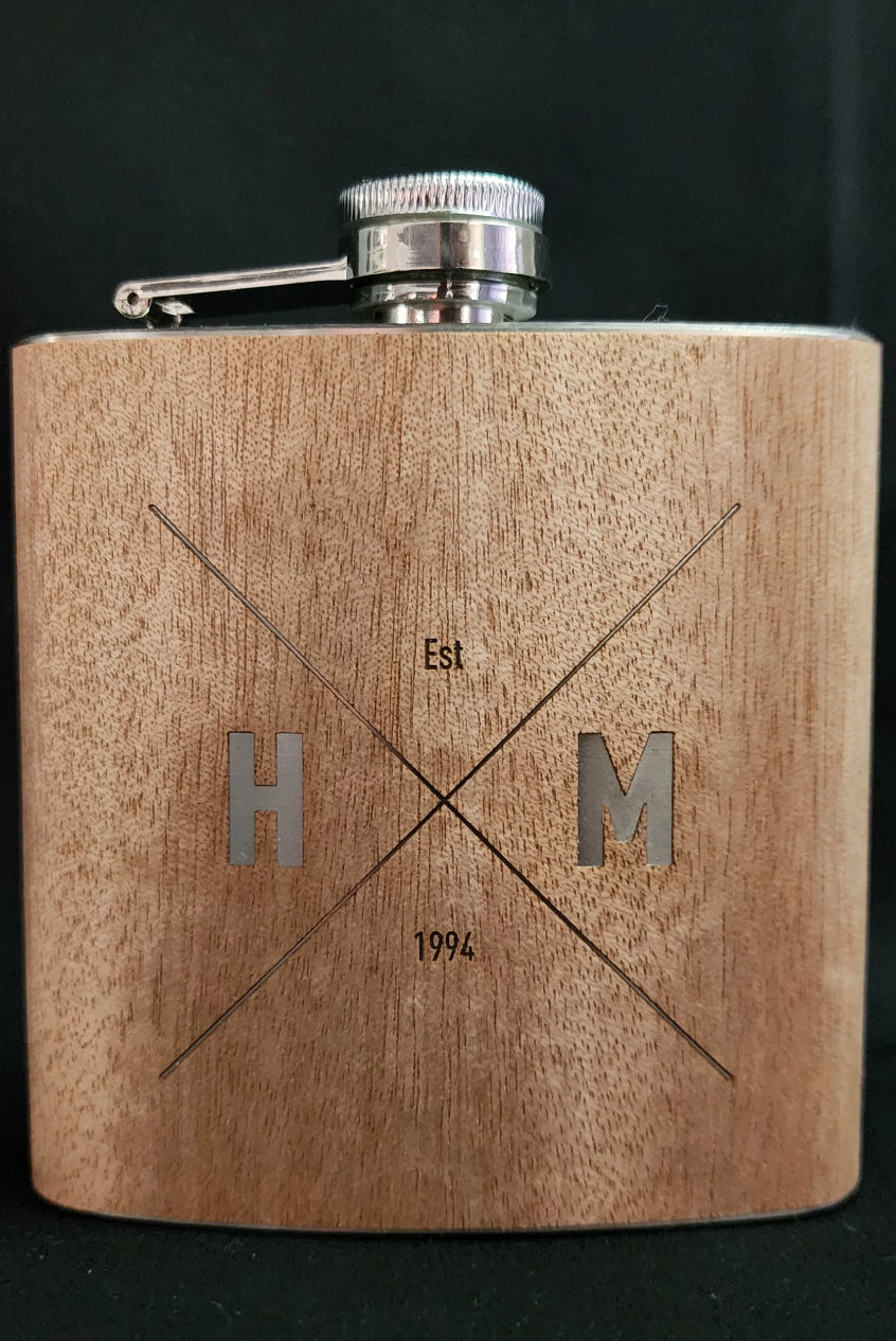 Personalised Engraved Wooden and Stainless Steel Hip Flask 6oz