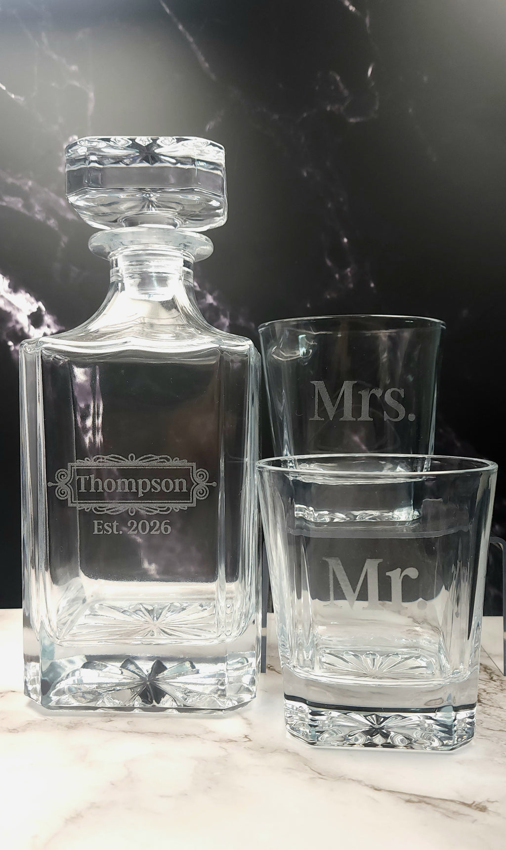 Engraved 3-Piece Whiskey Decanter and Glass Set