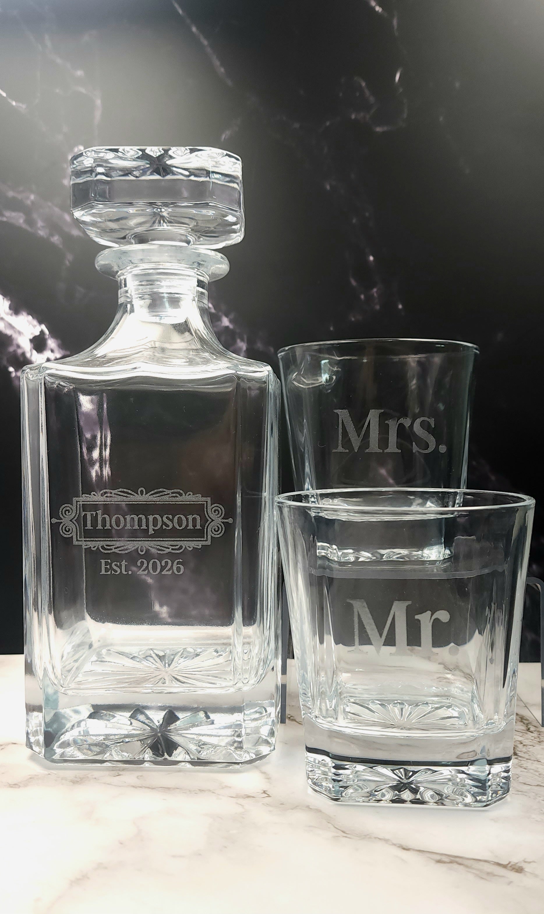 Engraved 3-Piece Whiskey Decanter and Glass Set