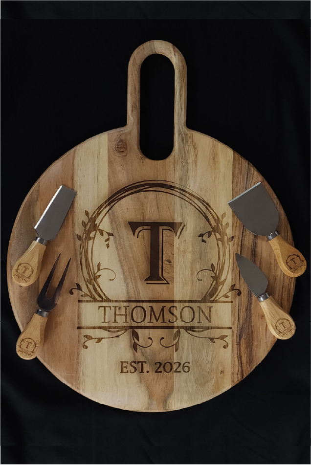 Personalised Engraved Round Cheese Board with Knife Set 44.5cm