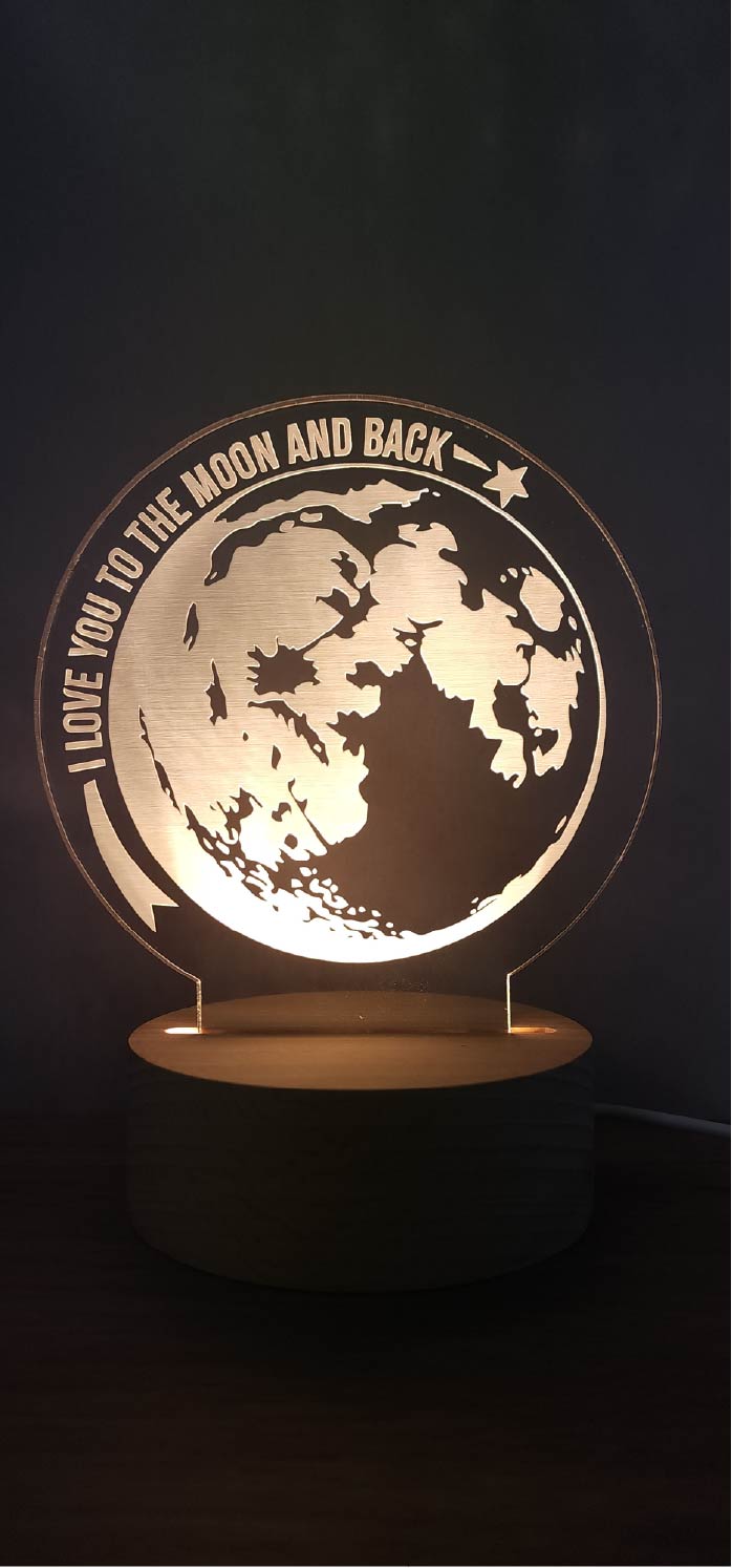 LED night light with the moon and quote "I love you to the moon and back" with shooting star personalised engraving