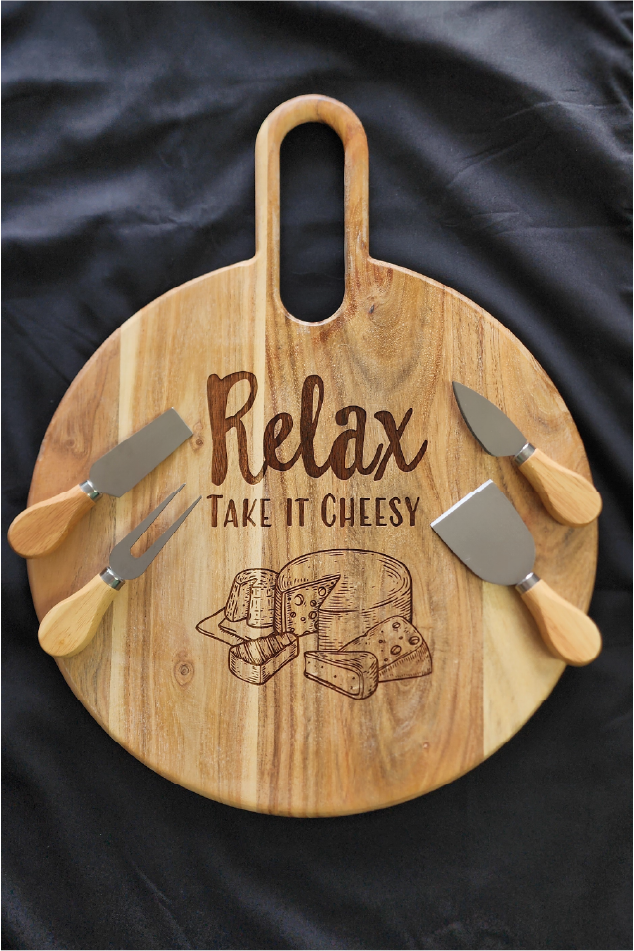 Personalised Engraved Round Cheese Board with Knife Set 44.5cm