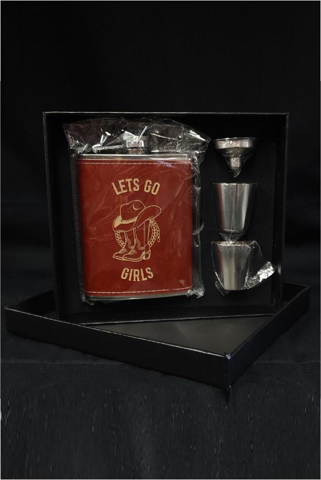 Personalised Engraved Brown Leather Stainless Steel Hip Flask Set