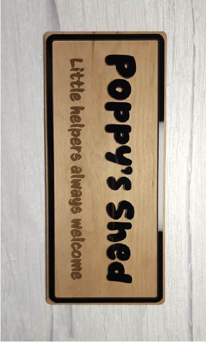 Personalised customisable engraved wood and acrylic hanging sign Poppy's Shed
