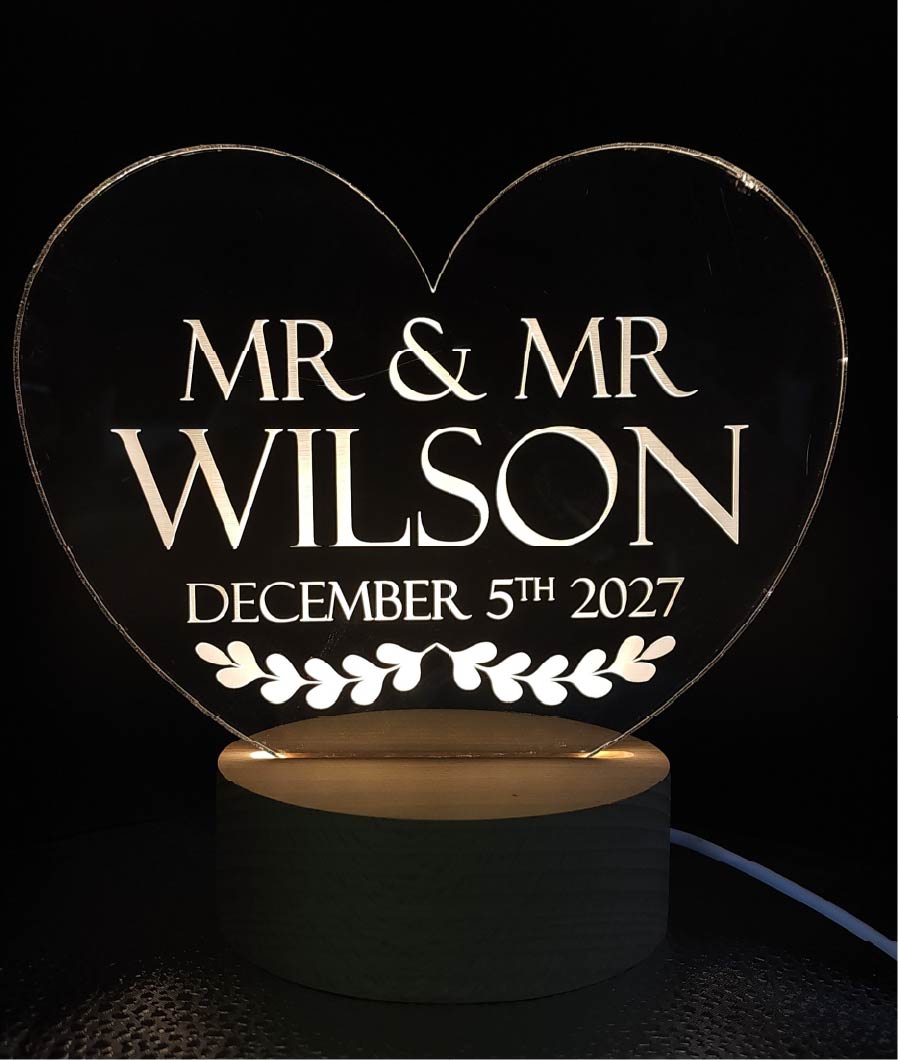 Heart-shaped wedding themed LED night light personalised engraving