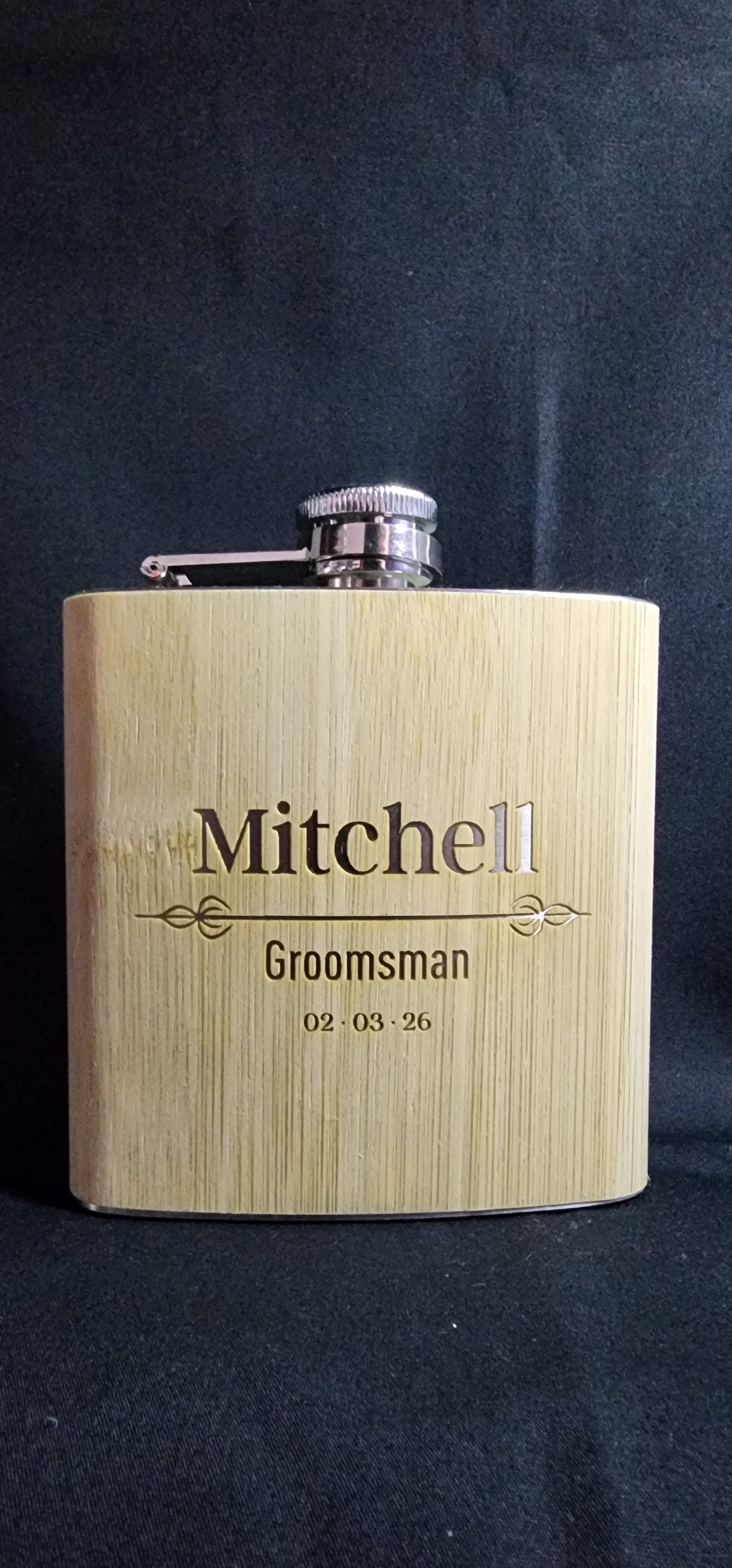 Personalised Engraved Wooden and Stainless Steel Hip Flask 6oz